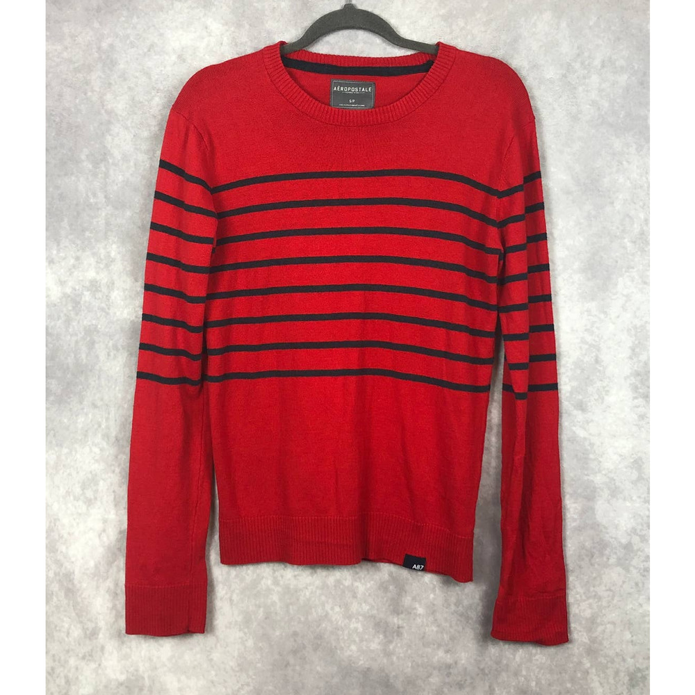 AEROPOSTALE MENS SWEATER RED BLUE STRIPED‎ COTTON PULLOVER CREW NECK SIZE SMALL